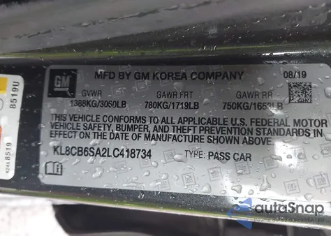 2020 Chevrolet Spark Fwd Ls Automatic из США, поврежденный, VIN KL8CB6SA2LC418734